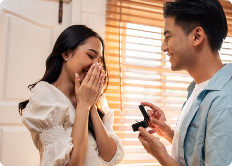 A man showing an engagement ring to his partner, proposing